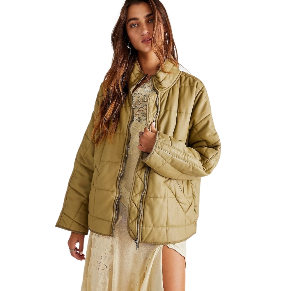 We The Free Vegan Leather Quilted Jacket Green Oversized Bomber Utility Small